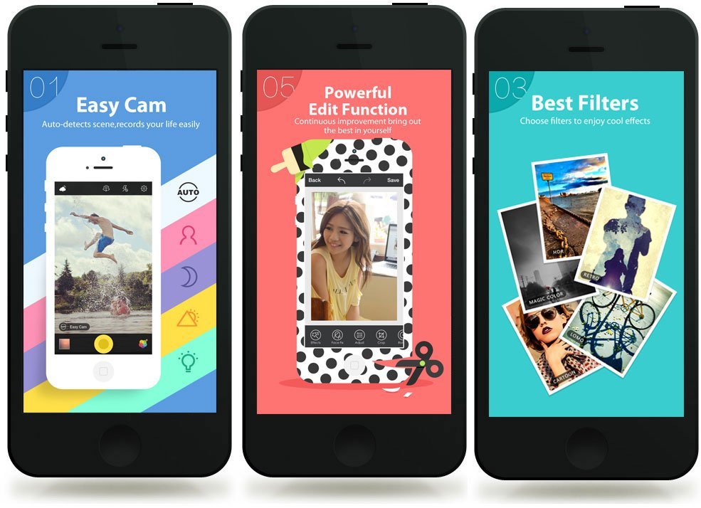 Diferentes vistas de la app: El modo automático denominado "Easy Cam", la edición de imágenes y algunos filtros.